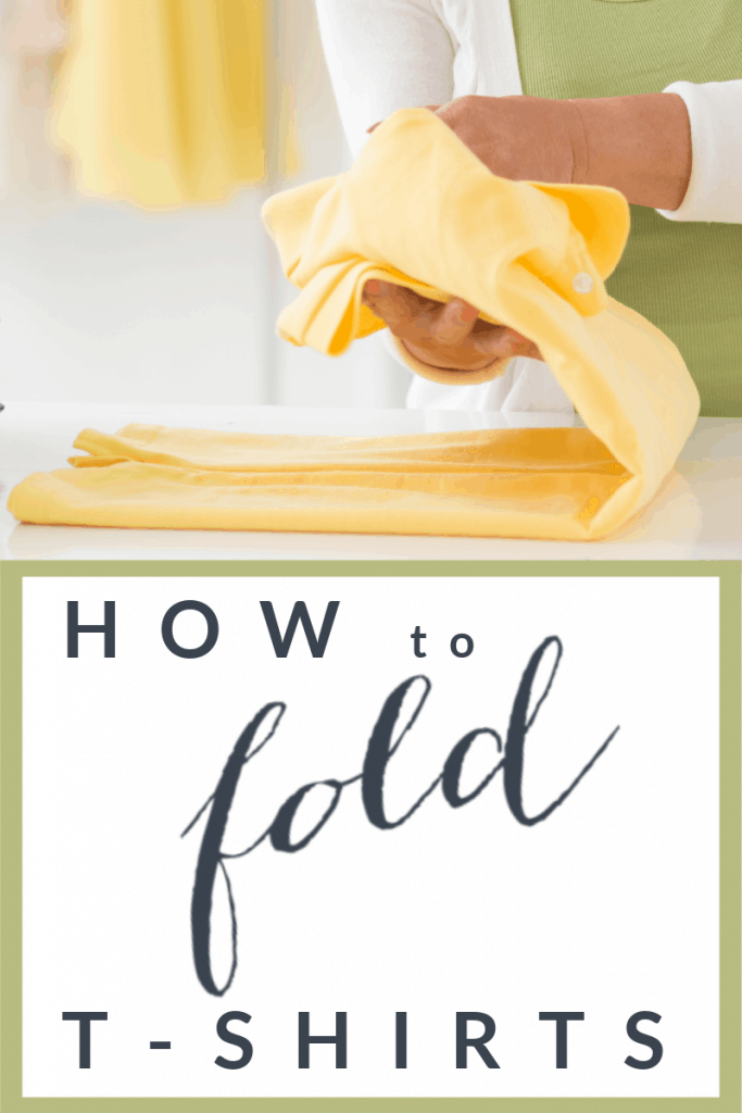 woman's hands folding yellow t-shirt neatly with title text underneath reading How to fold t-shirts