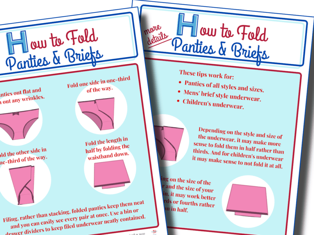 close up of two instruction sheets with steps of how to fold a pair of underwear