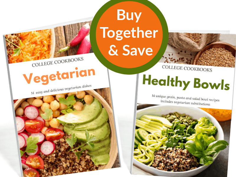 2 college cookbook covers with titles Vegetarian and Health Bowls.
