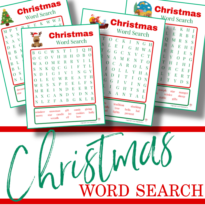 4 red and green Christmas word search pages