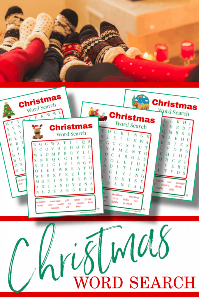 top image - family wearing red and white winter socks, bottom image - 4 word search sheets