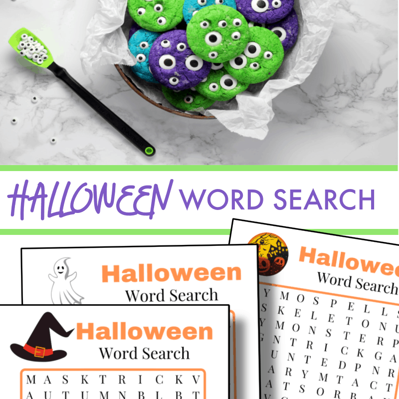 collage of purple and green cookies with eyeballs and 3 Halloween word search pages.