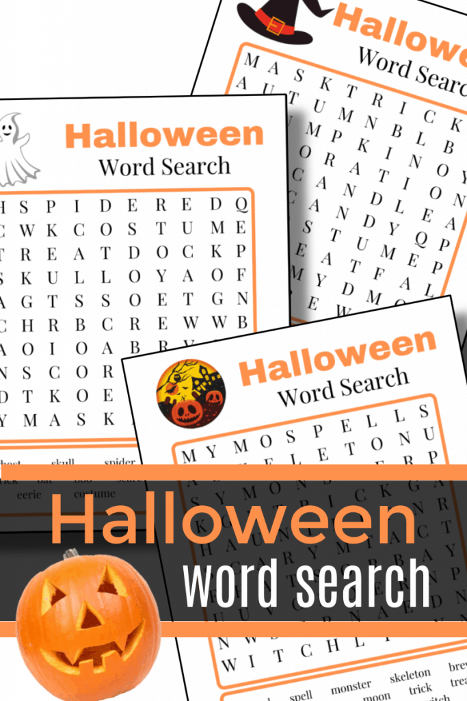 3 orange and black Halloween word search game pages with jack o'lantern in bottom corner