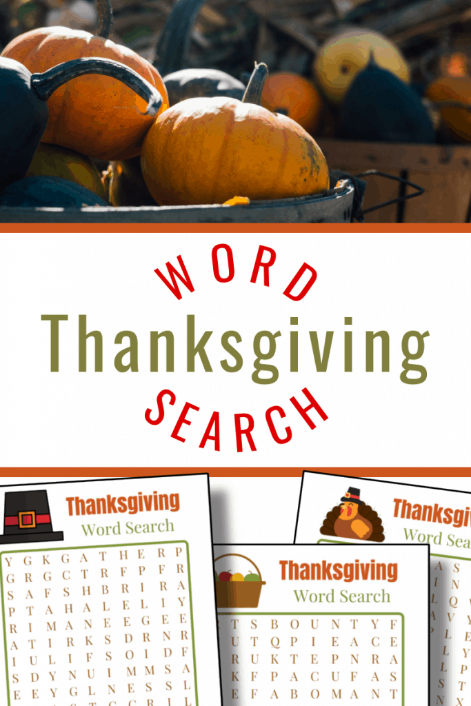 top image - pile of pumpkins in basket, bottom image - 3 word search sheets