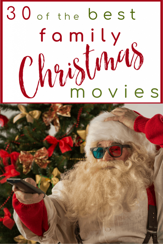 Santa wearing 3D glasses and holding a remote with title text reading 30 of the Best Family Christmas Movies