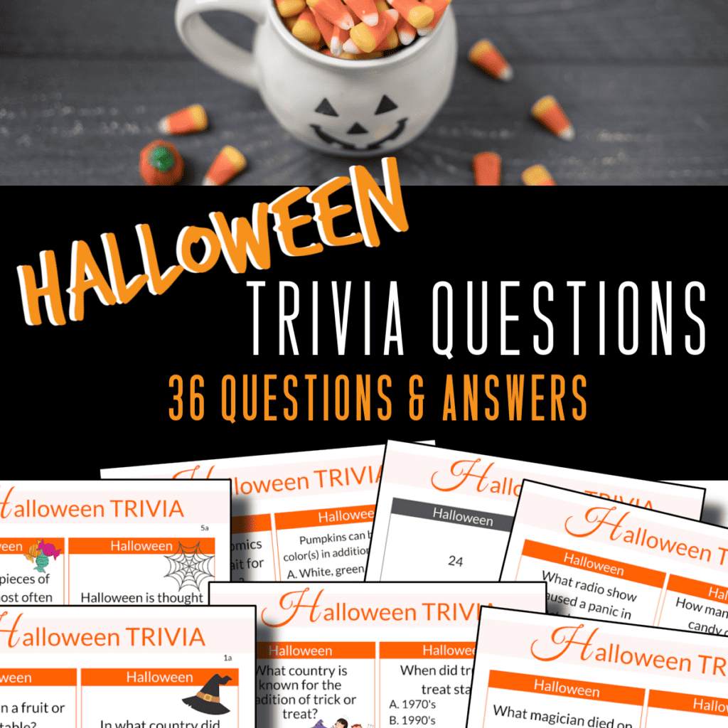 A mug full of candy corn and collage of question cards and answers.