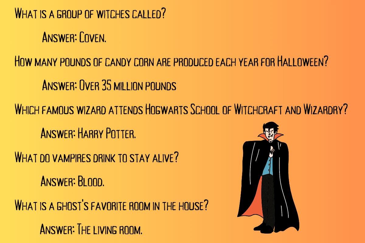 Orange background with questions in black and vampire in a cape.