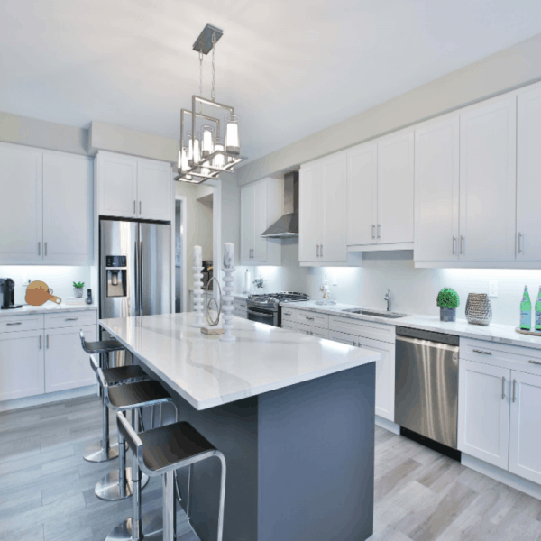 modern neat gray and white kitchen with stainless steel appliances