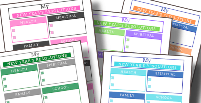 close up of 5 colorful resolution worksheets