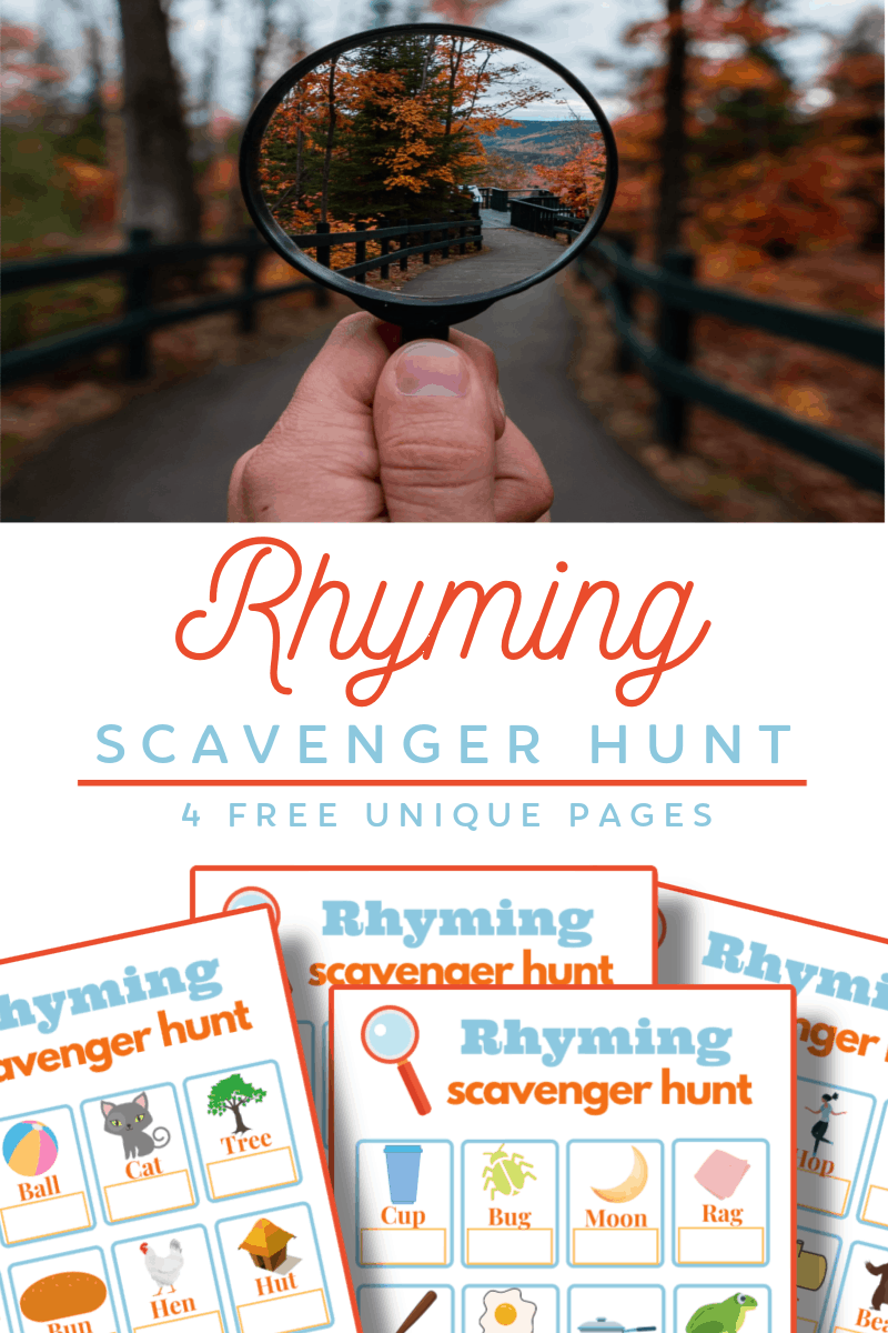 top image - hand holding magnifying glass outside, bottom image - 4 brightly colored scavenger hunt pages