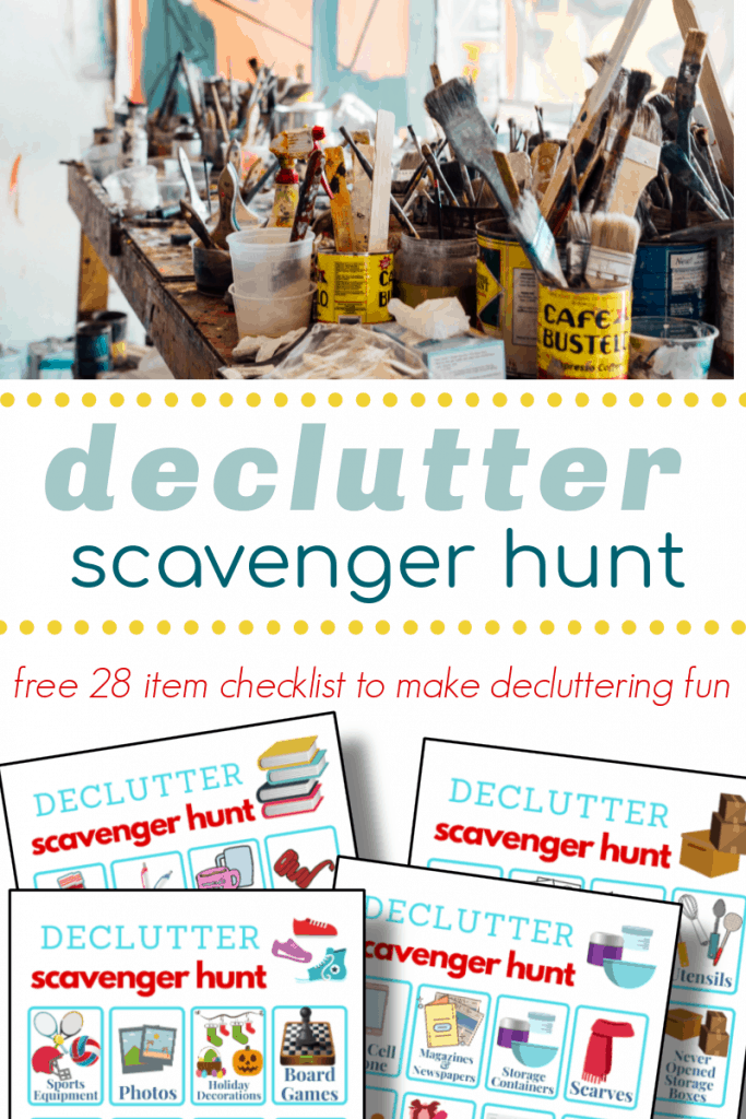 top image - messy table top with art supplies, bottom image - 4 pages of colorful decluttering scavenger hunt boards