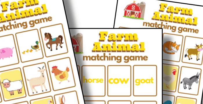 close up of 3 brightly colored farm animal game printables