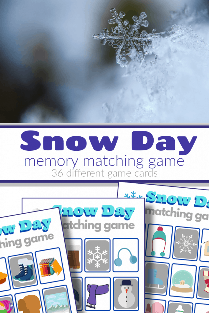 top image - snow flake, bottom image 3 colorful snow day memory matching game sheets