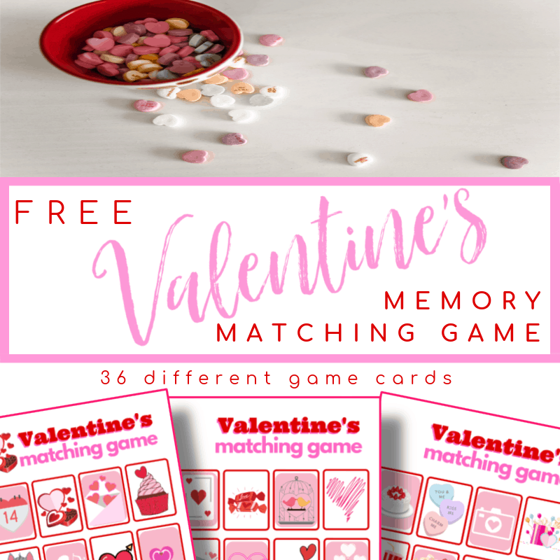 top image - bowl of Valentine's heart candy, bottom image - 3 red and pink memory matching game.
