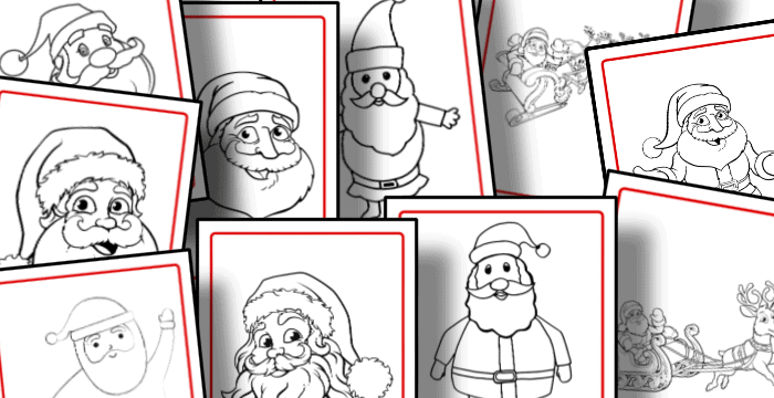 close up of ten Santa coloring pages