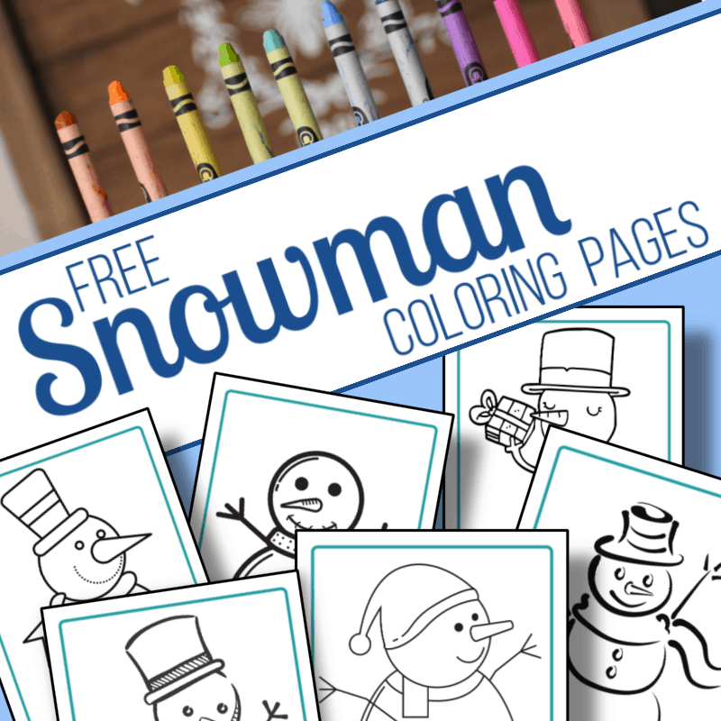 top image - row of crayons, bottom image - close up of snowman coloring sheets with title text reading Free Snowman Coloring Pages