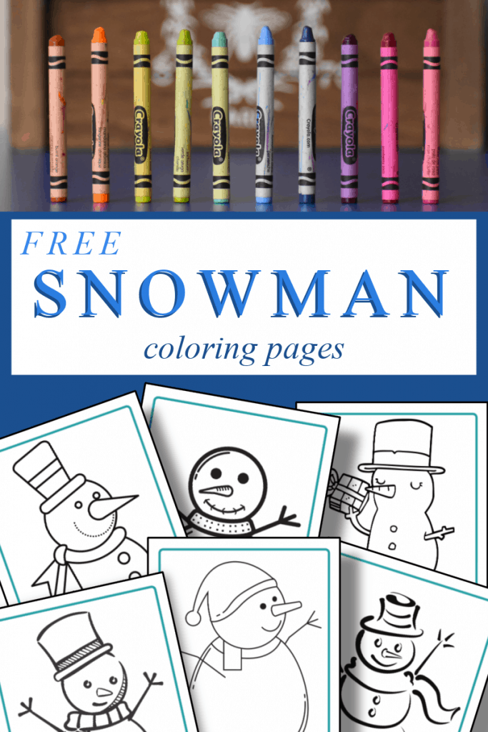 top image - row of crayons standing, bottom image - 4 snowman coloring pages