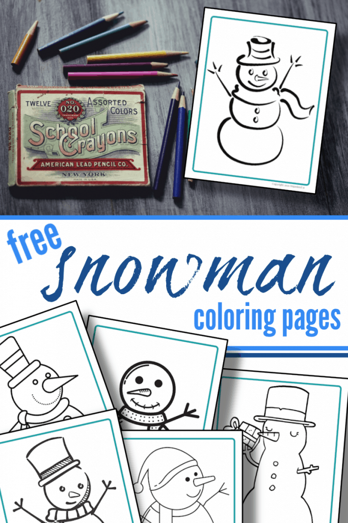 top image box of crayons with coloring sheet, bottom photo 5 images of snowman coloring sheets