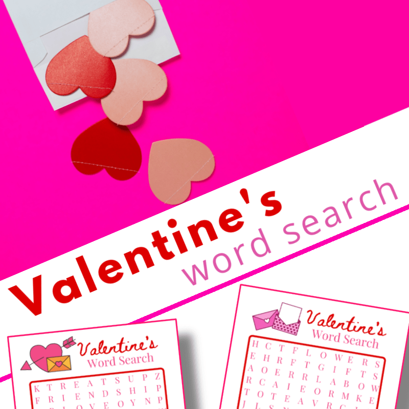 top image - paper hearts spilling out of envelope, bottom image - two Valentine's word search pages with title text reading Valentine's word search
