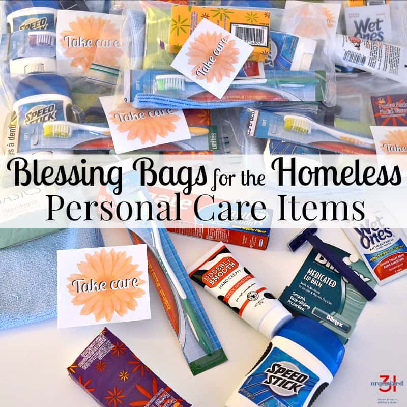 pile of blessing bags with individual personal care items in front