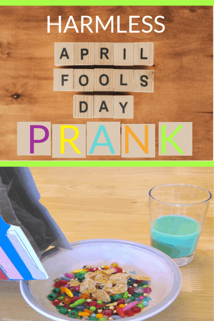 Top - scrabble letters spelling words reading Harmless April Fools Day Prank, bottom - cereal and beads mixed in bowl with green glass of milk