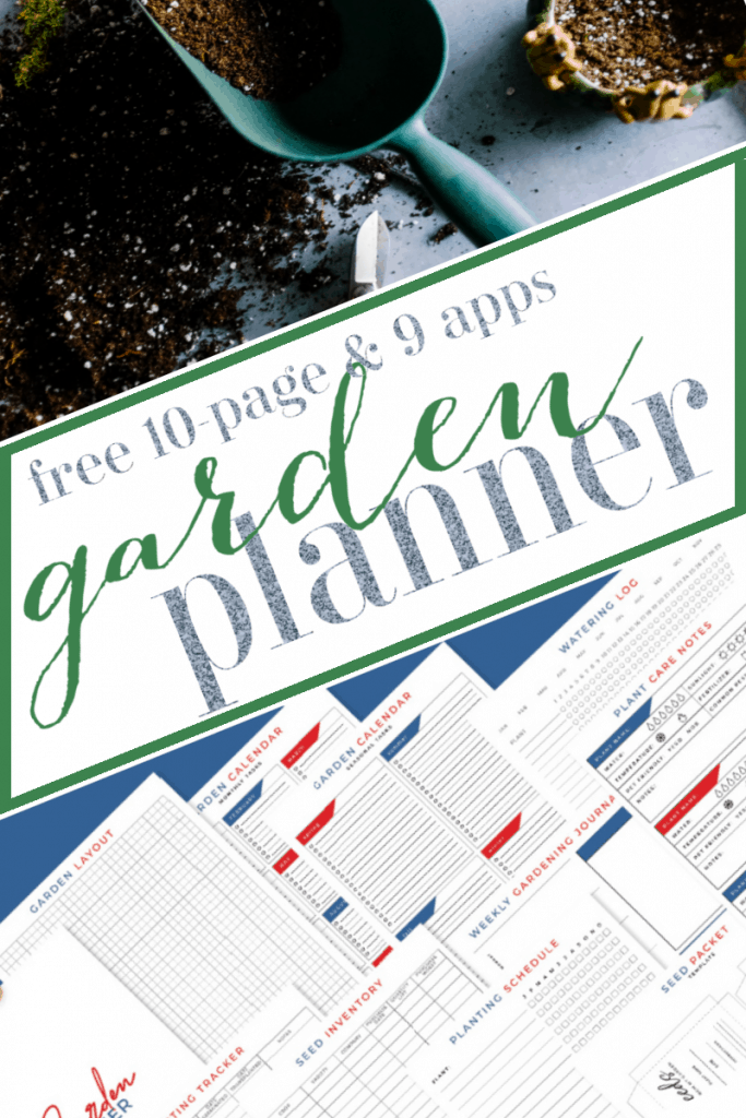 top - blue trowel with soil, bottom - pages of garden planner with title text reading Free 10-page & 9 apps Garden Planner
