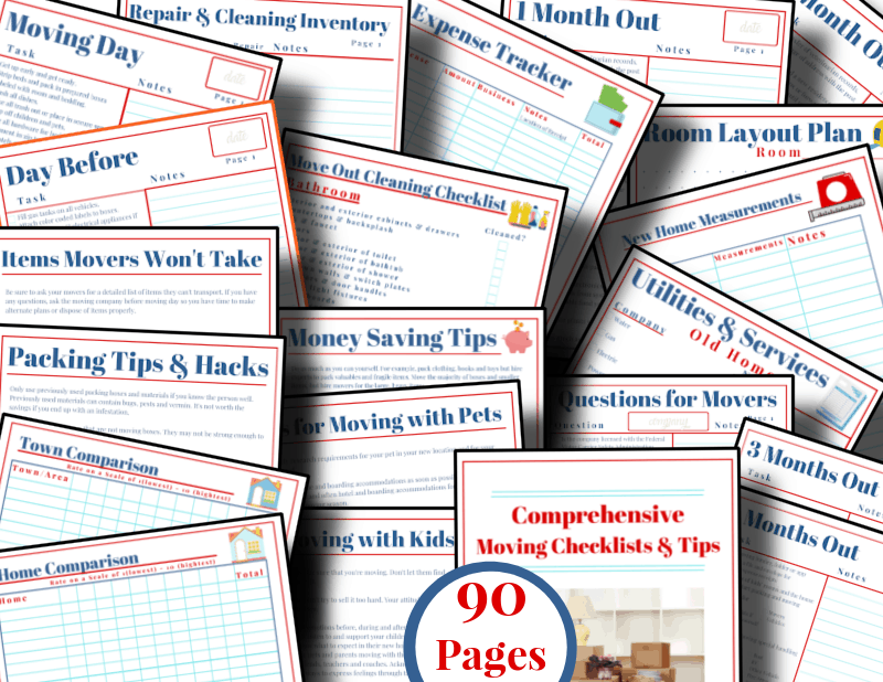 red, white and blue moving checklists with image of cover