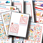 close up of colorful moving themed kids activity sheets