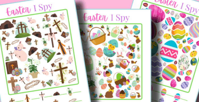 3 colorful images of Easter I Spy activity sheets