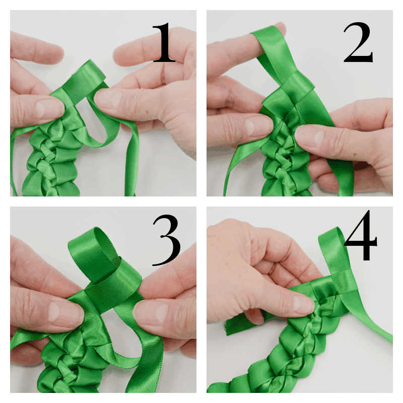 collage of 4 photos of hands braiding green ribbon lei