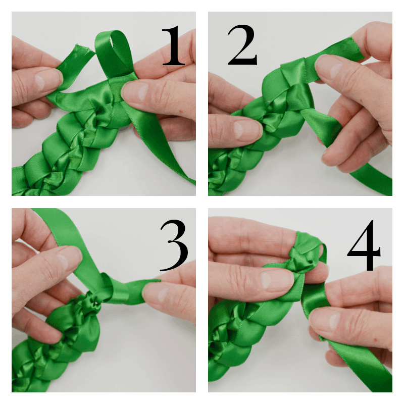 4 steps with hands braiding green ribbon into lei