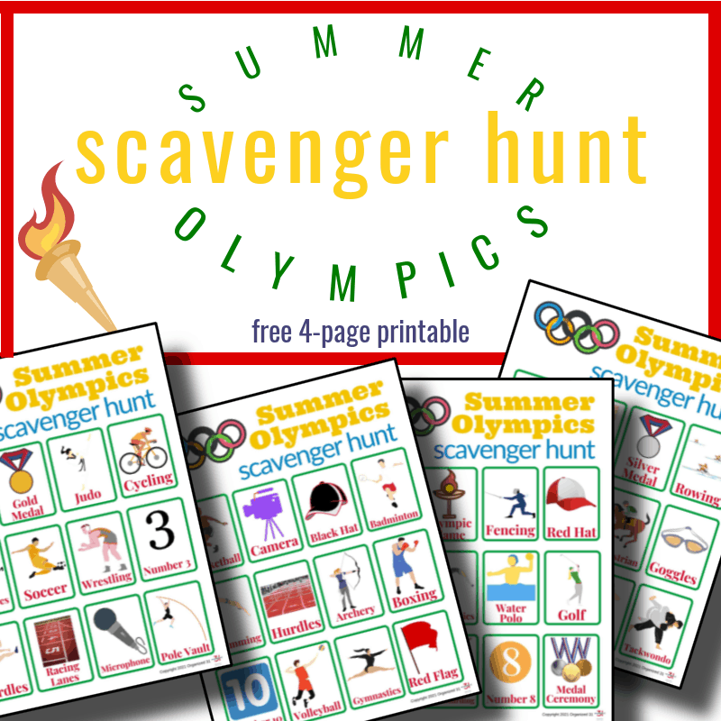 Olympic torch and 4 colorful scavenger hunt worksheets