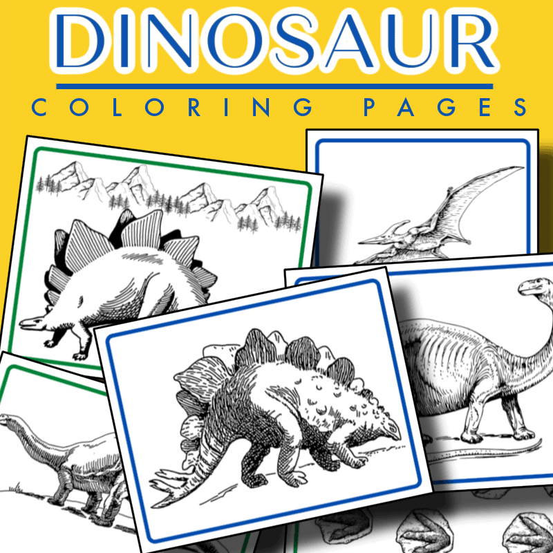 collage of 6 dinosaur coloring sheets with title text reading Dinosaur Coloring Pages.