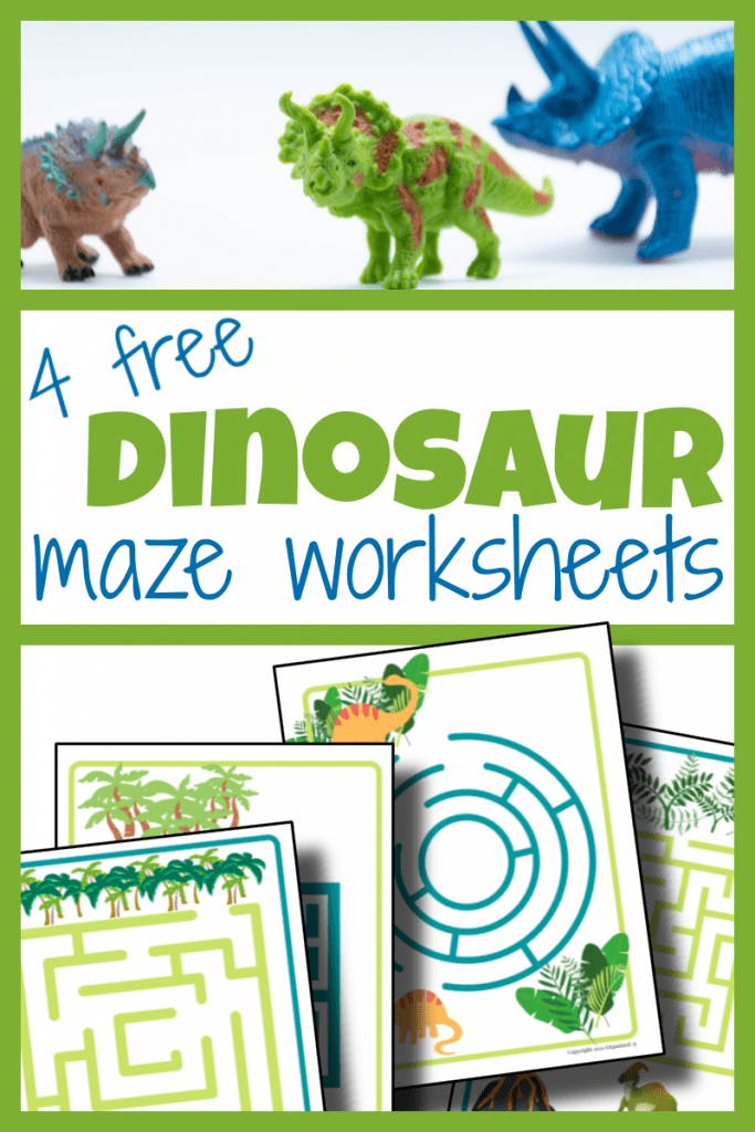 top image - 3 plastic dinosaur toys, bottom image - 4 dino maze worksheets with title text reading 4 free Dinosaur maze worksheets