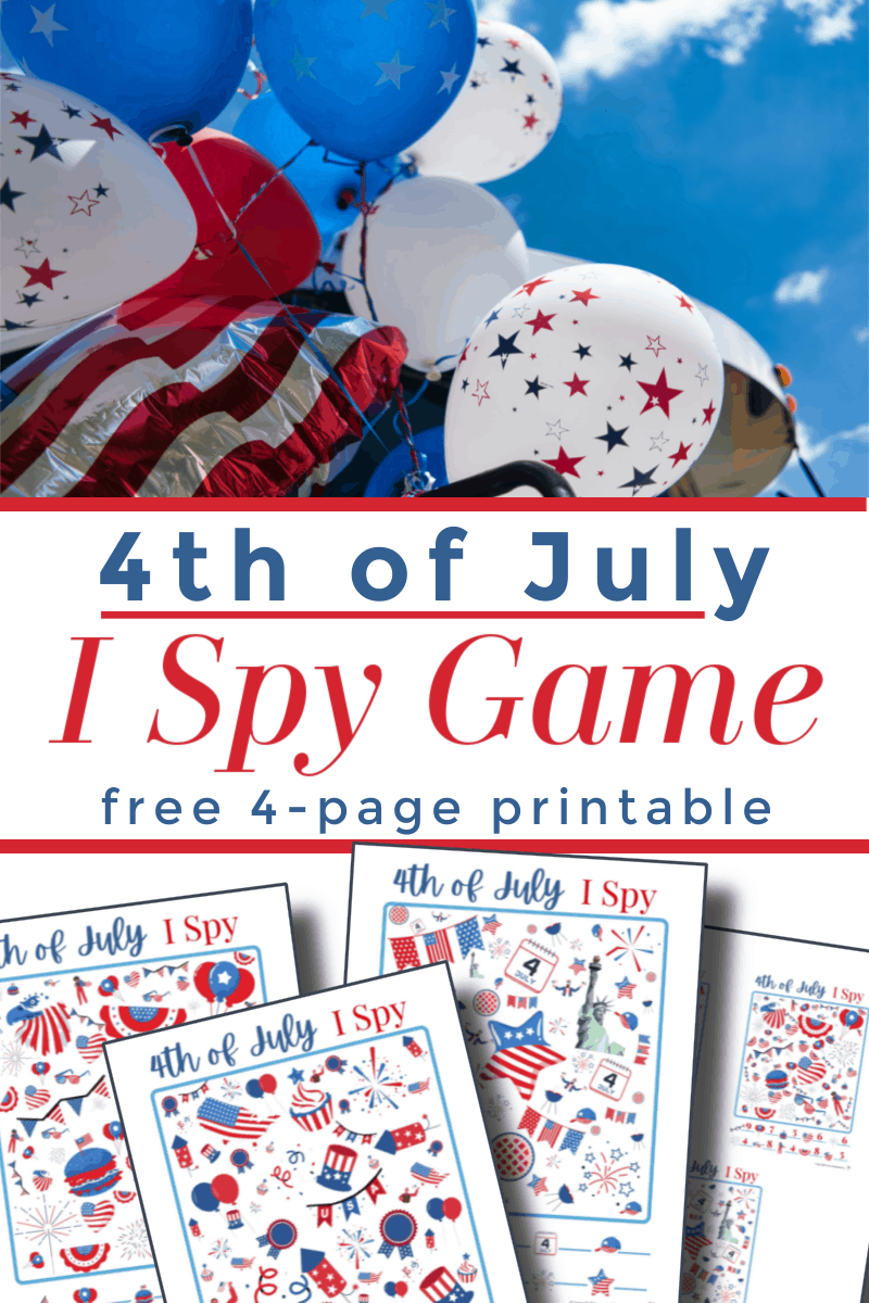 top image - red, white & blue balloons, bottom image - 4 I Spy sheets
