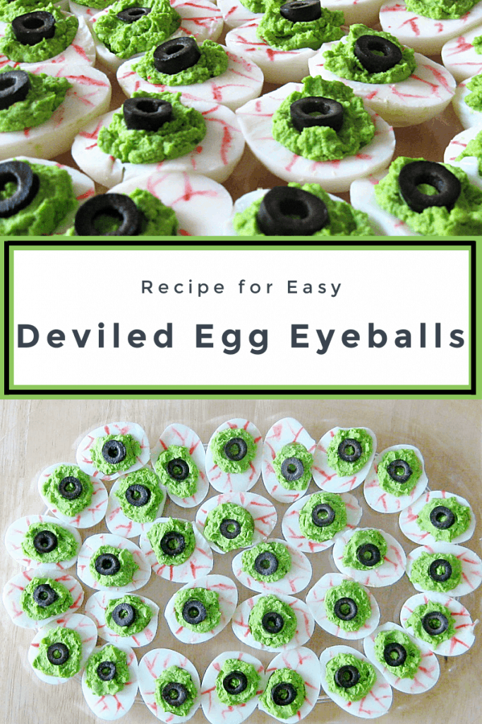 collage of close-up view of deviled egg eyeballs and platter of deviled egg eyeballs.