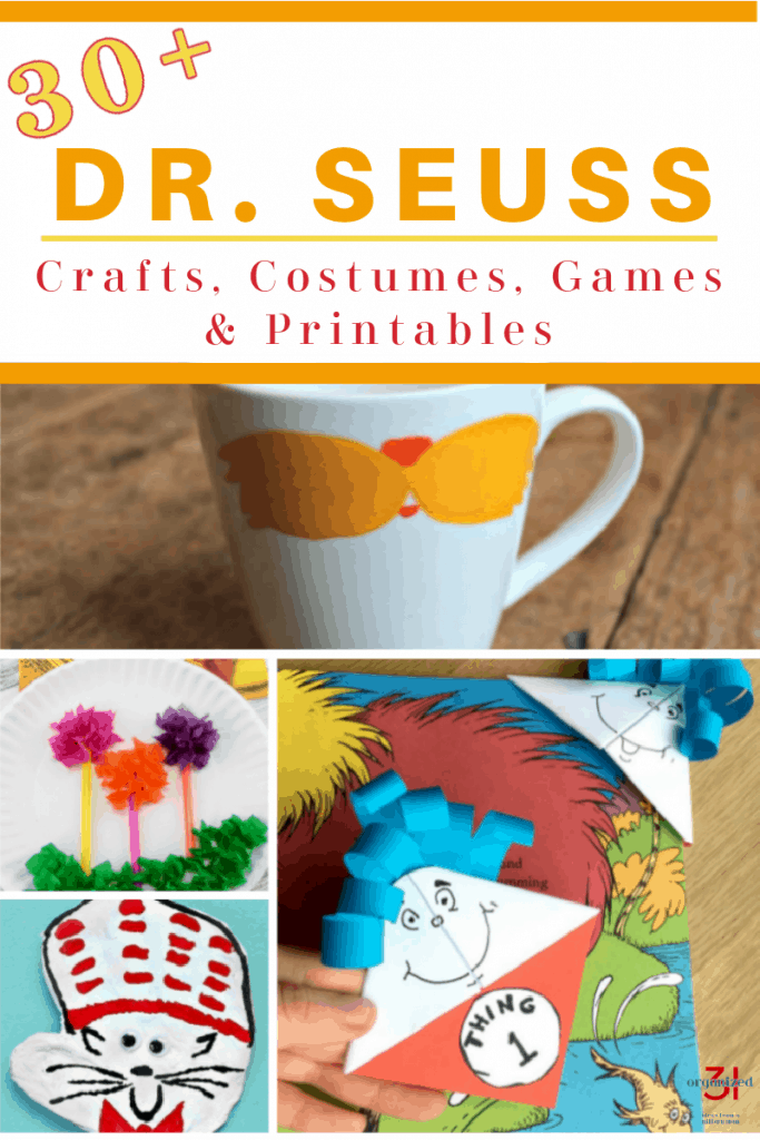 collage of 4 colorful kids' Dr. Seuss crafts