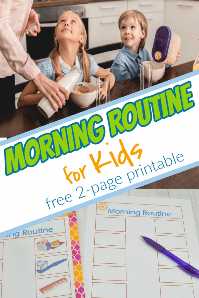 top image - children and parent making breakfast, bottom image - bottom image 2 free morning routine printables