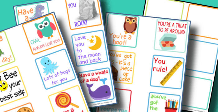close up of colorful lunch box note printables