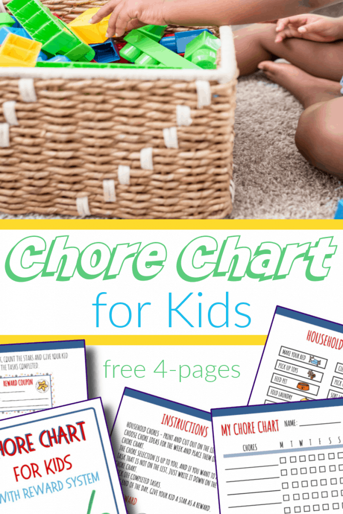 top image - child putting blocks into basket, bottom image - 5 pages of kids chore chart with title text reading Chore Chart for Kids free 4 pages