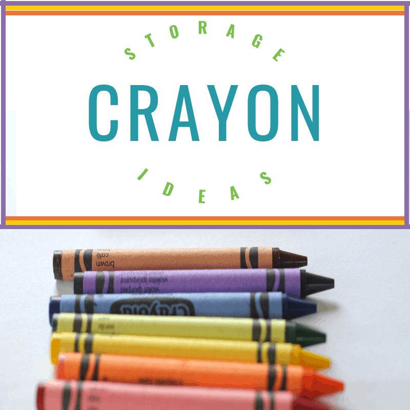colorful crayons in a row on a white table with title text reading Crayon Storage Ideas.