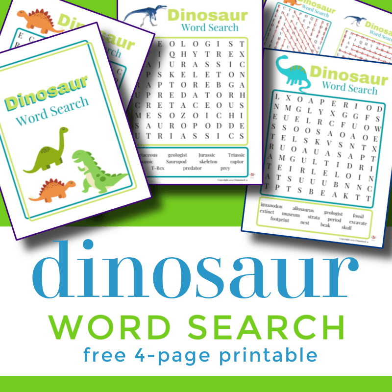 5 colorful worksheets on green background with title text reading Dinosaur Word Search free 4 page printable.