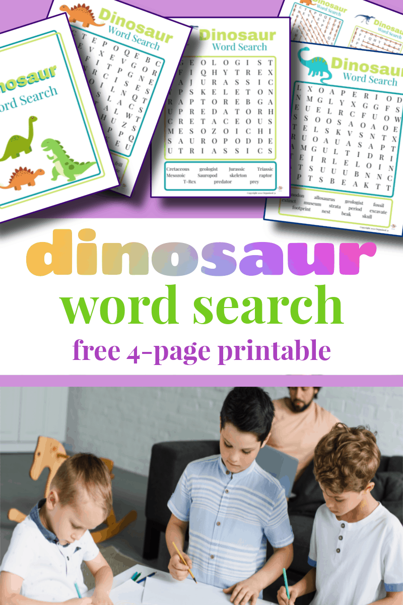 top image - colorful dinosaur worksheets, bottom image - children at able with activity sheets