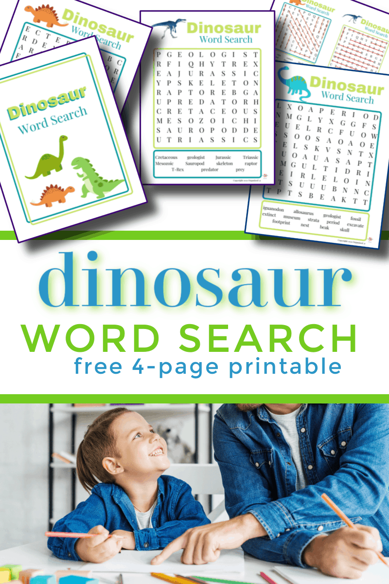 top image - colorful dino word search printables, bottom image - son and father doing worksheets together