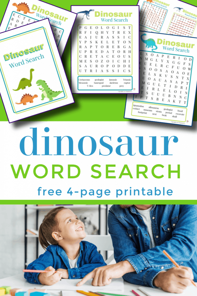 top image - colorful dino word search printables, bottom image - son and father doing worksheets together