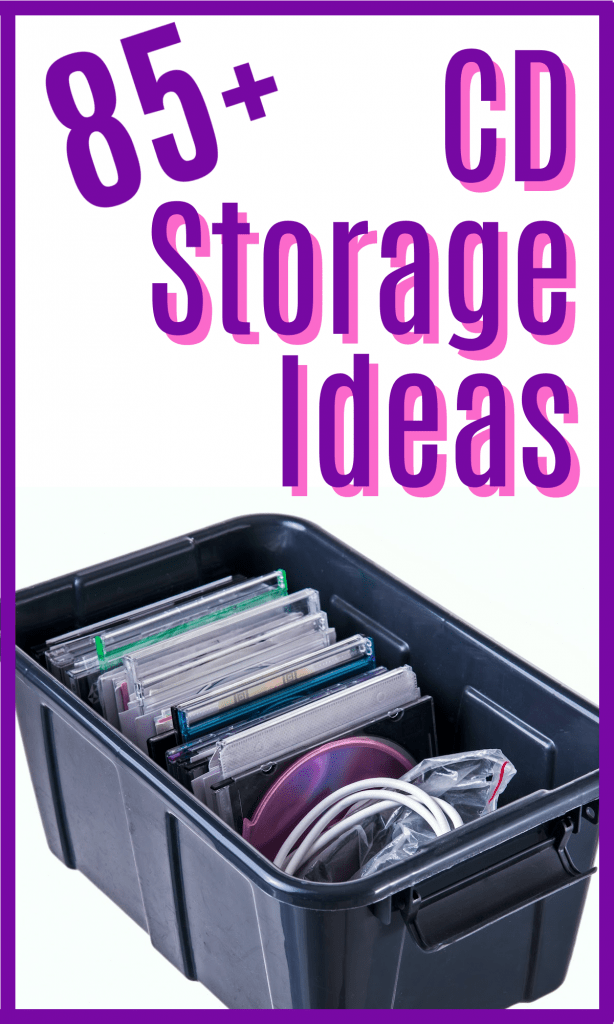 black bin with music CDs and cords with title text reading 85+ CD Storage Ideas