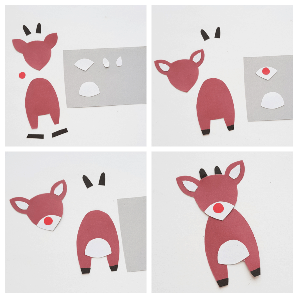 images of 4 steps of making Rudolph puppet