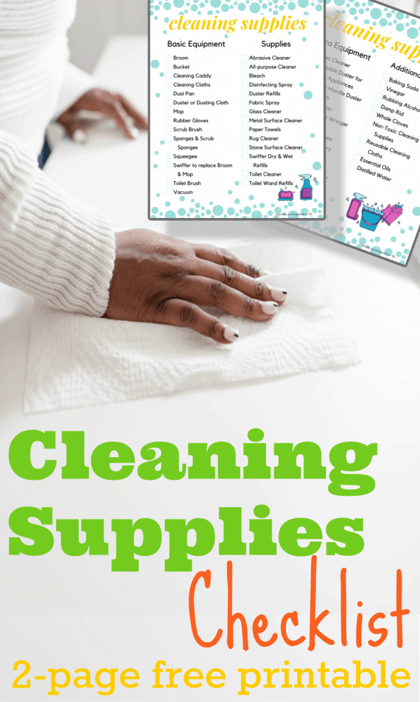 hand cleaning counter with paper towel with free printable cleaning checklist inlay and title text reading Cleaning Supplies Checklist 2-page free printable