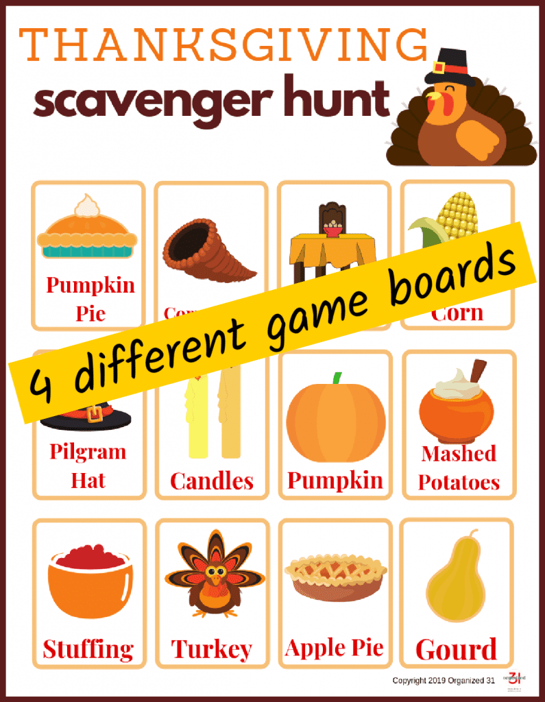 autumn colored Thanksgiving scavenger hunt game sheet with multiple themed images.