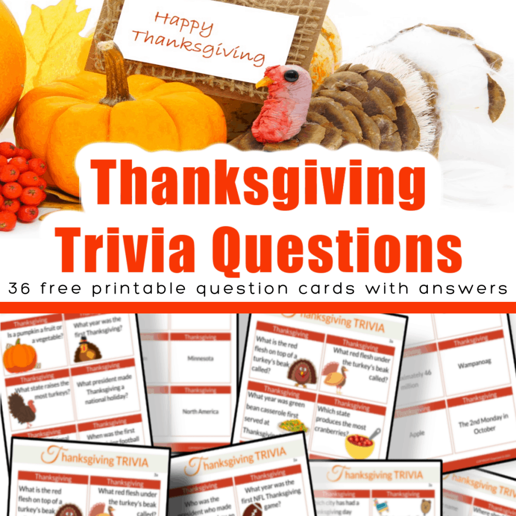 top image - pumpkin and turkey with happy thanksgiving sign, bottom image 8 Thanksgiving Trivia question card sheets with title text reading Thanksgiving Trivia Questions